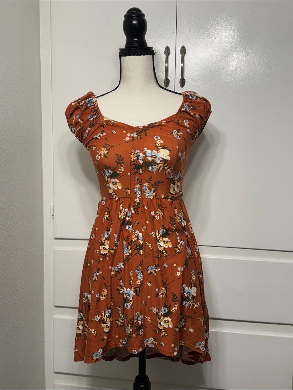 No Boundaries Rust Floral Square Neck Mini Dress